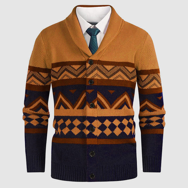 Elegant herrkofta, stickad cardigan med unikt geometriskt mönster, sjalkrage & knappar. Casual höststil.