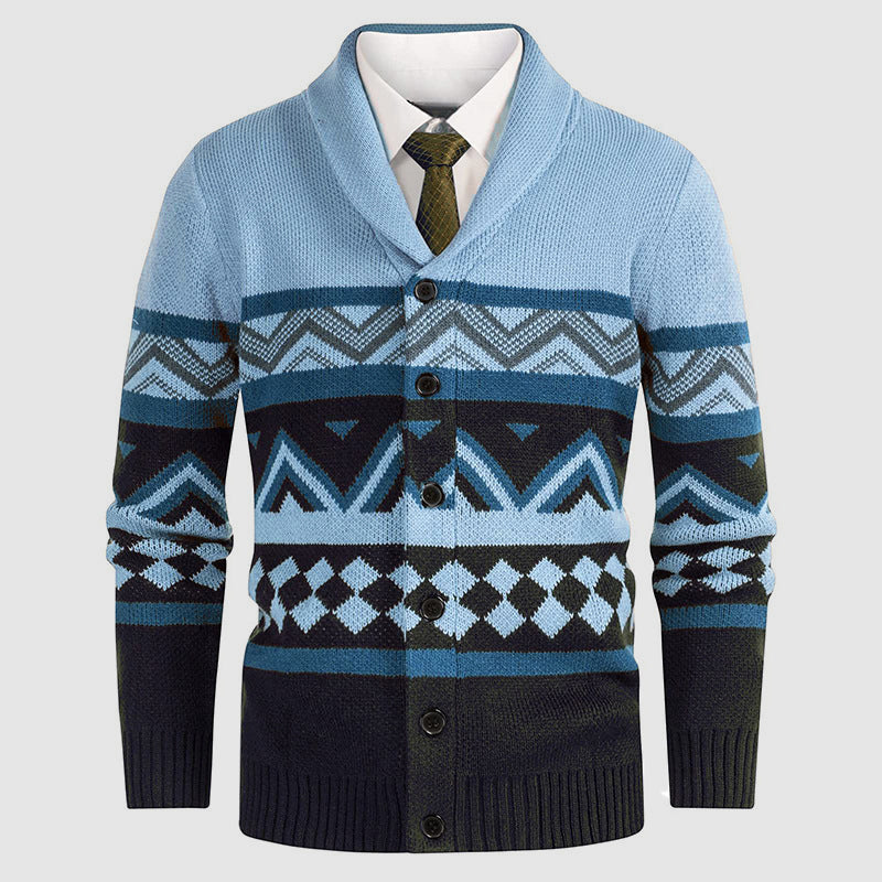 Varm herrkofta med trendigt geometriskt mönster & sjalkrage. En bekväm stickad cardigan för man.