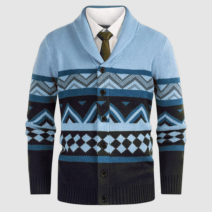 Varm herrkofta med trendigt geometriskt mönster & sjalkrage. En bekväm stickad cardigan för man.