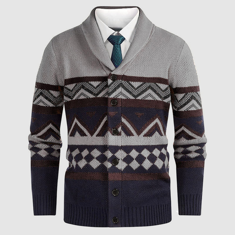 Herr cardigan med geometriskt mönster, sjalkrage. Långärmad stickad kofta för män, idealisk höst/vinter.