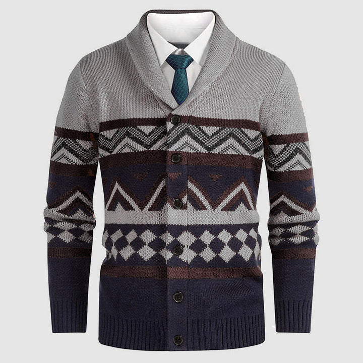 Herr cardigan med geometriskt mönster, sjalkrage. Långärmad stickad kofta för män, idealisk höst/vinter.