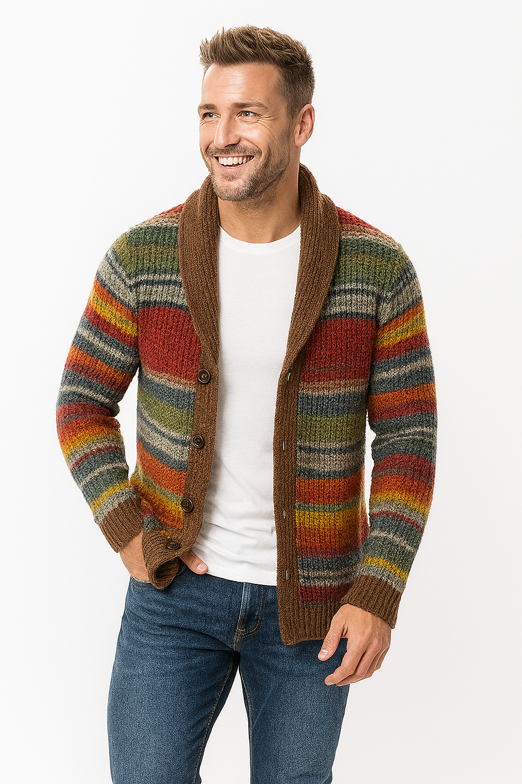 Bekväm randig herrkofta med öppen front. Mångsidigt plagg för höstmode och en avslappnad men stilfull look.