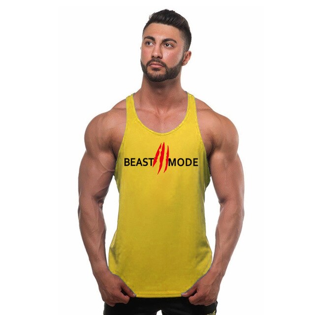 Herrlinne 'Beast Mode' för gym. Svart tryckt muskeltopp, perfekt för träning & att visa fysiken.