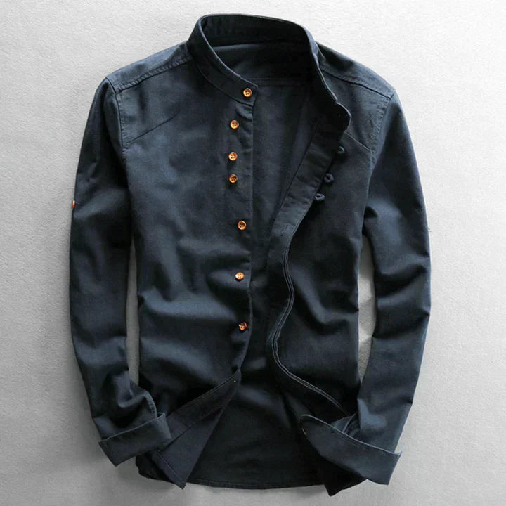 Herrlinneskjorta i japansk stil, minimalistisk design, elegant bomullsblandning för vardagsmode