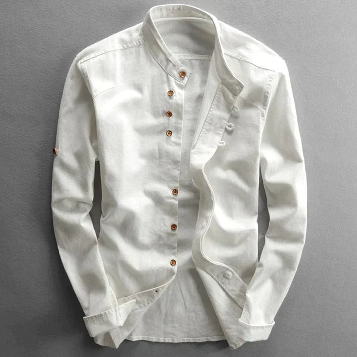 Japansk stil herrskjorta i linne, minimalistisk och elegant, perfekt för vardag och unisex mode