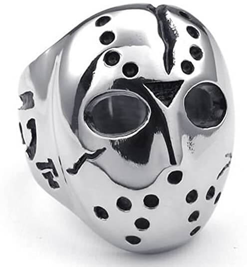Herrring med Jasonmask i rostfritt stål, unikt skräcksmycke för män.