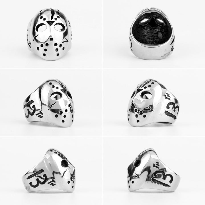 Jasonmask herrring i rostfritt stål bärs på finger, snygg goth accessoar för män.