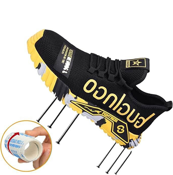 Skyddsskor för män, med synliga sömmar och robust design, tåliga mot tuffa miljöer.