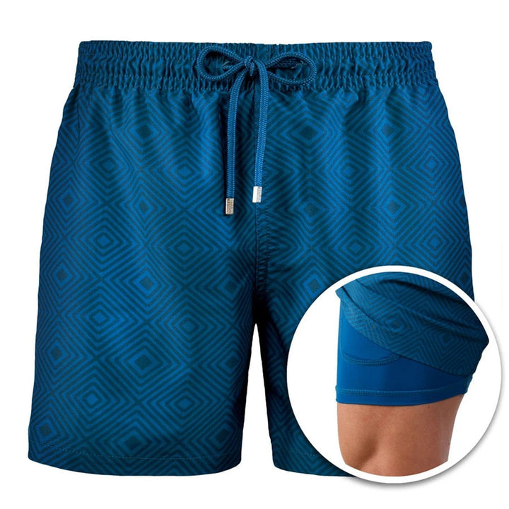 Herrshorts marinblå med kompressionstrosa & praktiska fickor, perfekt för träning & strandaktiviteter.