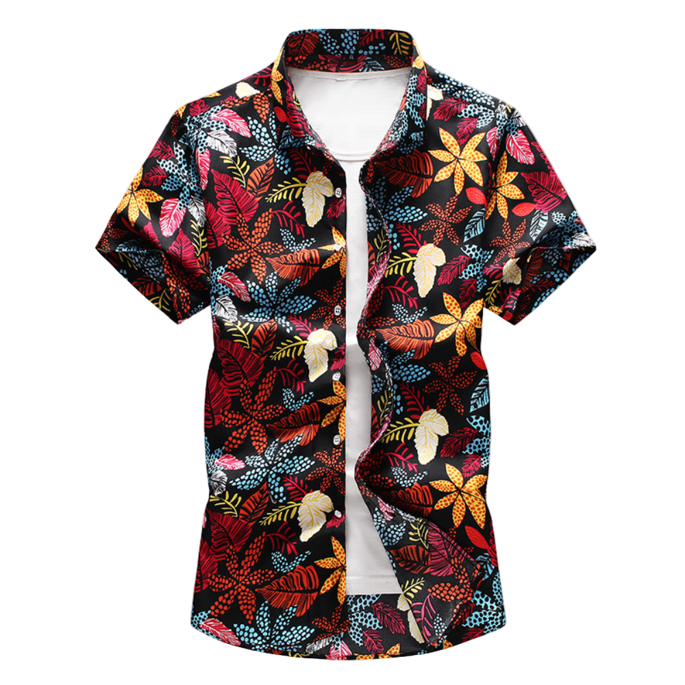 Herrskjorta blommig hawaiiansk. Kortärmad sommarskjorta för avslappnade dagar och fest. Färgglad, luftig.