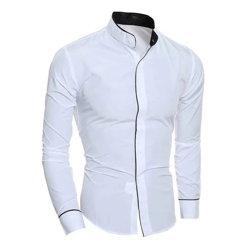 Blå långärmad slim fit herrskjorta i polyester, idealisk för en modern casual stil