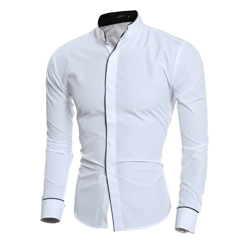 Grå herrskjorta slim fit, långärmad med knappstängning, mångsidig för kontor till fest