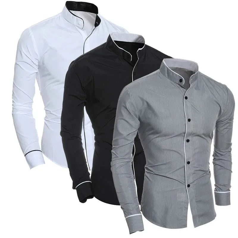 Detaljbild på kragen på en slim fit herrskjorta i polyester, långärmad och formell
