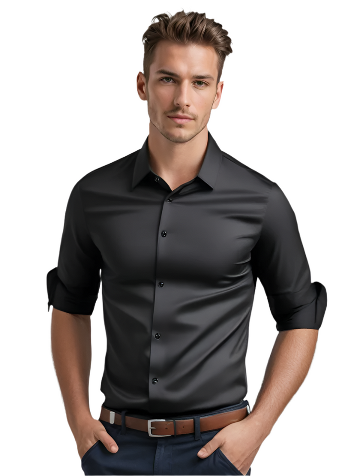 Herrskjorta slim fit svart, modern design för fest eller kontor. Strykfri och andningsbar.