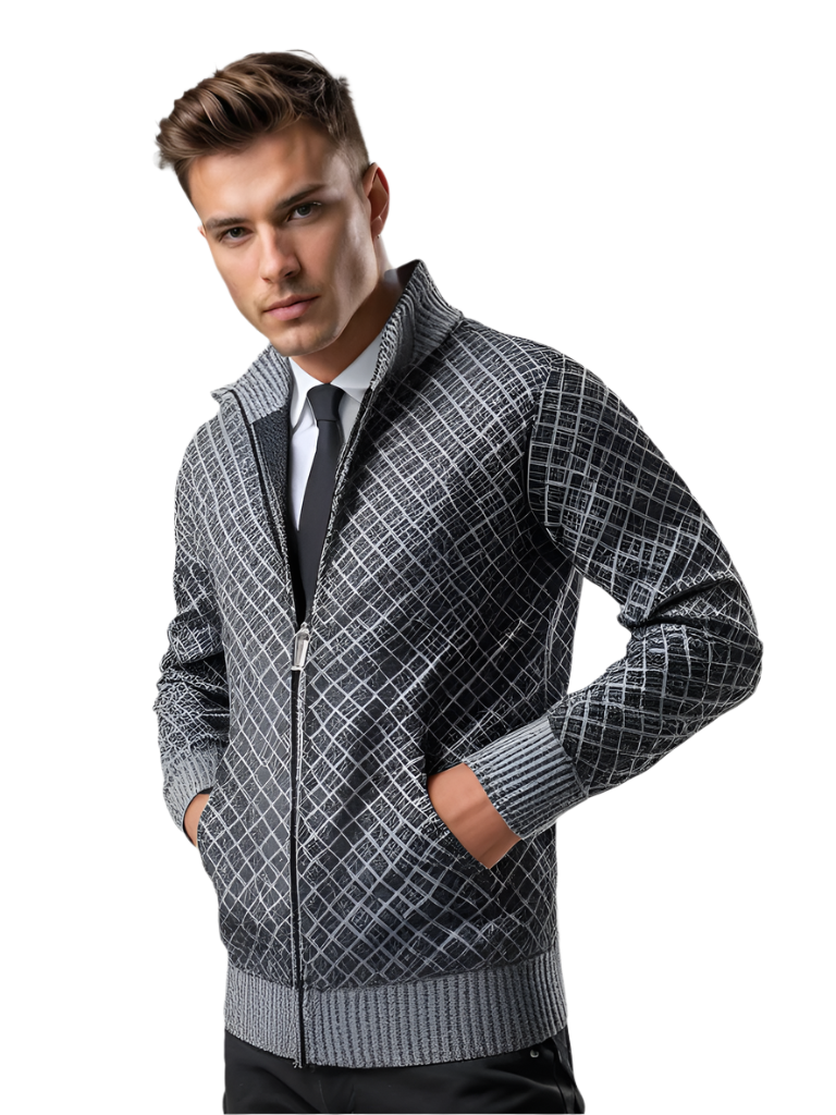 Herrtröja med blått & grått geometriskt mönster, dragkedja, perfekt höstmode.