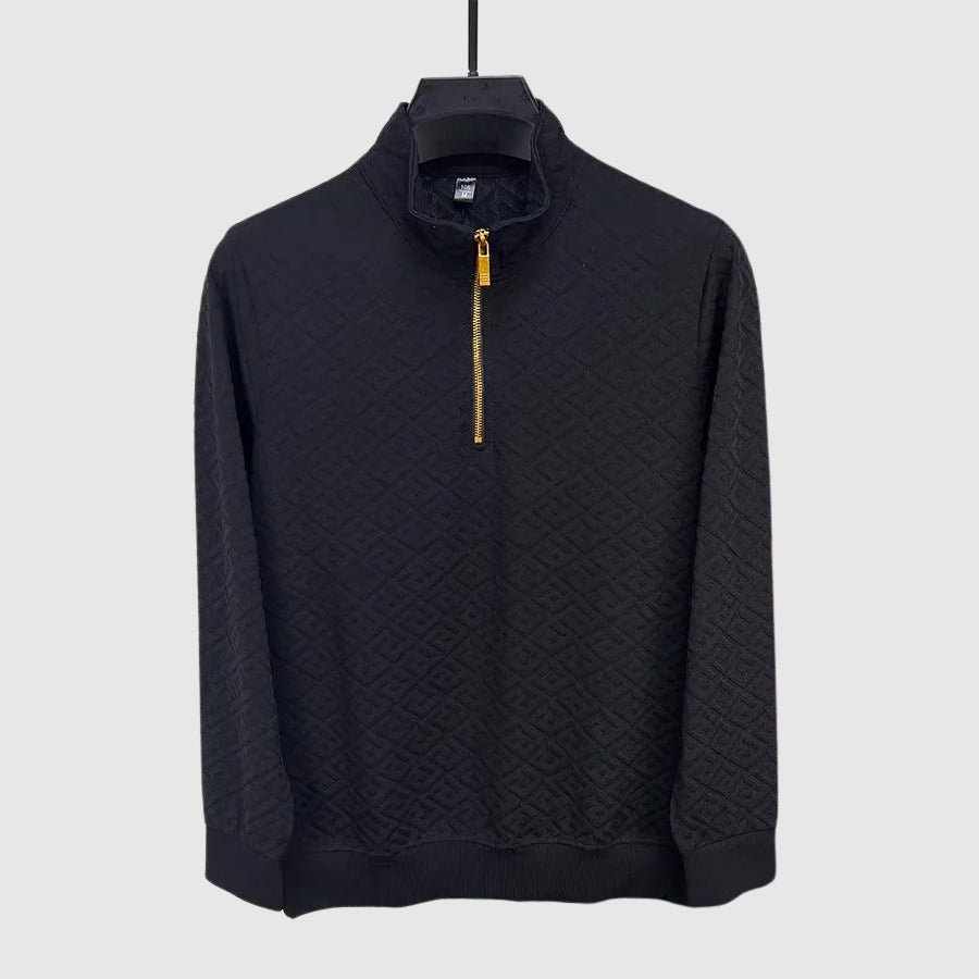 Modern långärmad herrtröja med geometriskt mönster och mockhals. Passar utmärkt för höst- och vårmode.