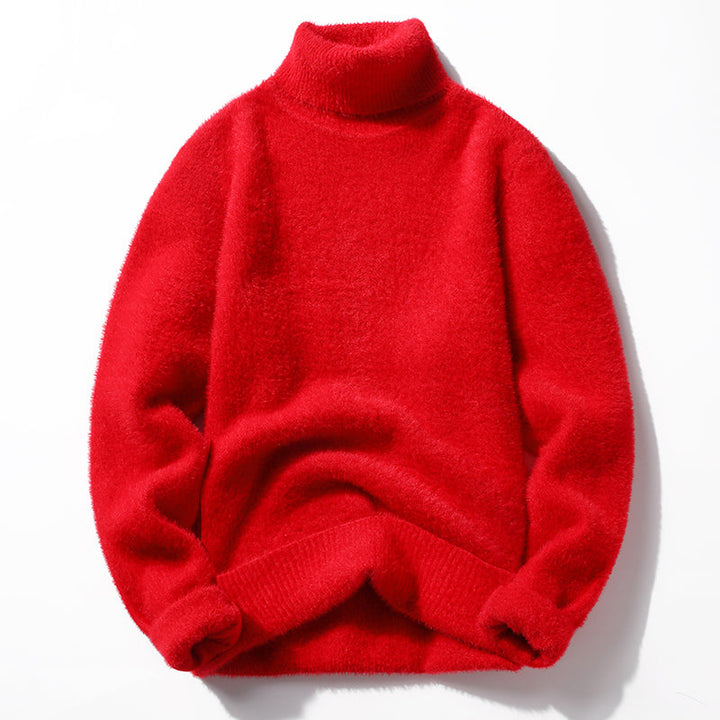 Elegant herrmode: varm tröja med hög krage. Bekväm och stilren för vinter/höst. Maskinstickad kvalitet.