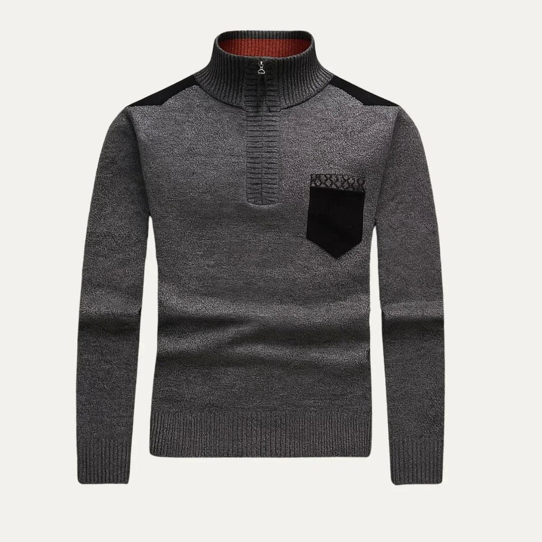 Bekväm herrtröja med halv dragkedja och unik patchworkdesign i fuskmocka för smart casual stil.