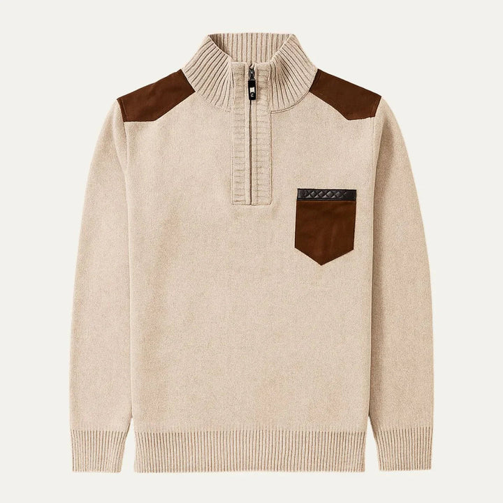 Herrtröja i ullblandning med halv dragkedja. Elegant patchwork av fuskmocka för en bekväm smart casual look.