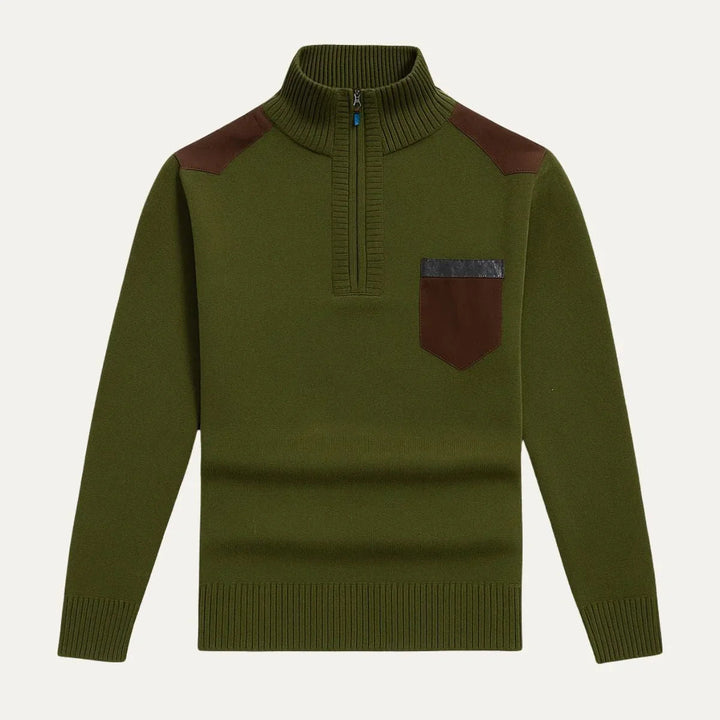 Modern herrtröja med halv dragkedja, mjukt patchwork i fuskmocka. Varm & stilren för kalla dagar.