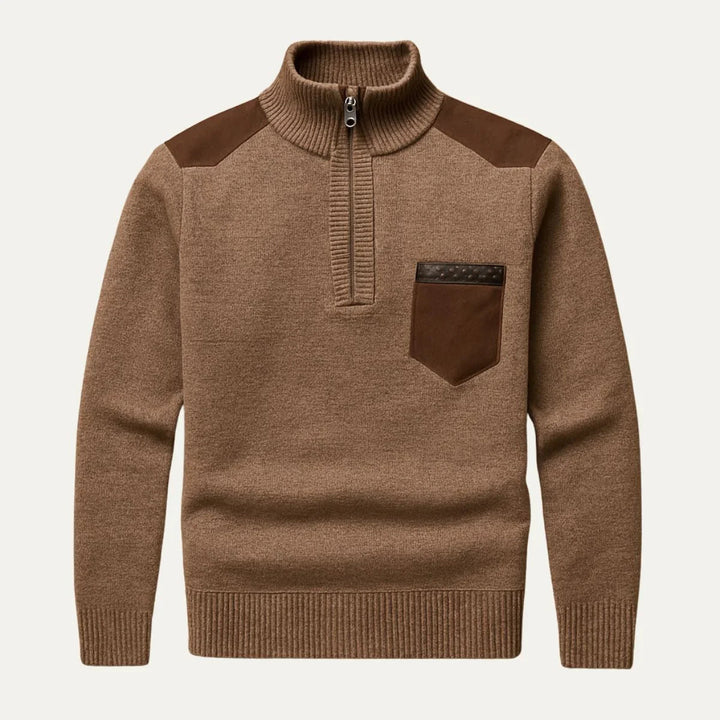 Höstig herrtröja med halv dragkedja. Unik patchworkdesign i fuskmocka för lager på lager och vardag.