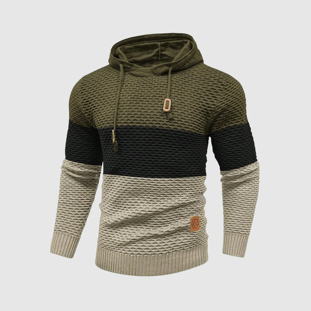 Casual trefärgad herrtröja med huva. Perfekt som vintertröja, varm och trendig herrkläder.