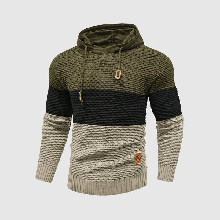 Casual trefärgad herrtröja med huva. Perfekt som vintertröja, varm och trendig herrkläder.