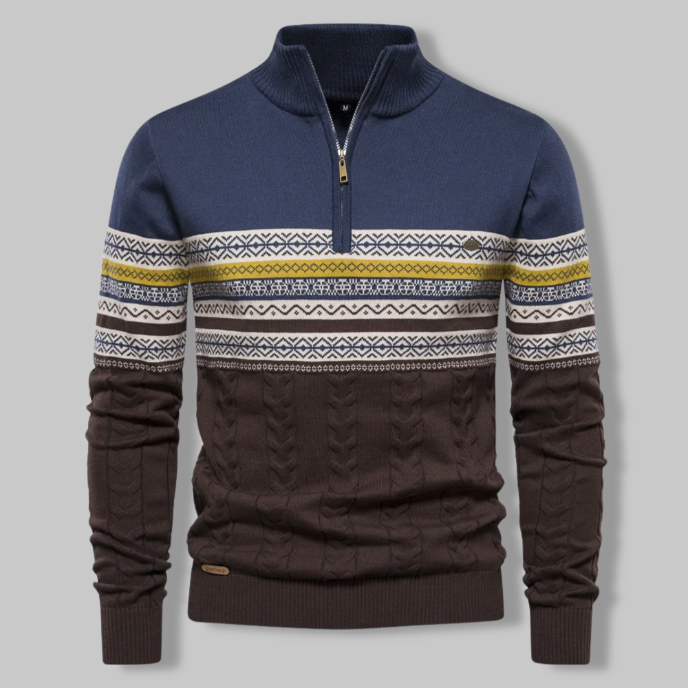 Snygg stickad herrtröja med norskt mönster, kvartritsslutning & bekväm passform. För stilren vardag.