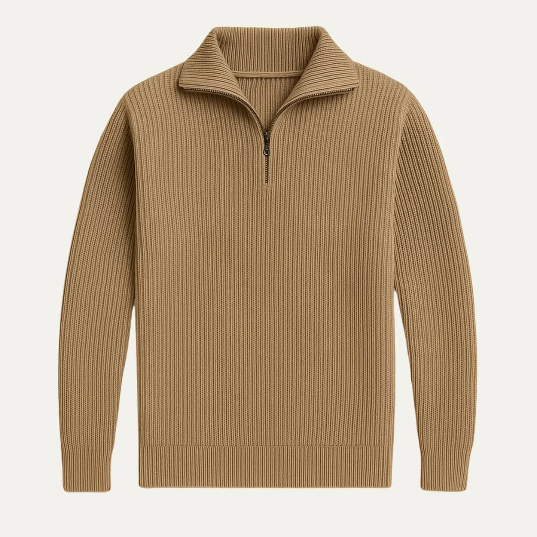Elegant stickad herrtröja i merinoullblandning. Kvartsdragkedja & tidlös design för både vardag och vinterkläder.
