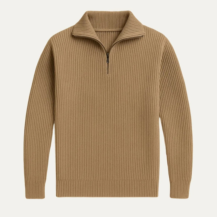 Elegant stickad herrtröja i merinoullblandning. Kvartsdragkedja & tidlös design för både vardag och vinterkläder.
