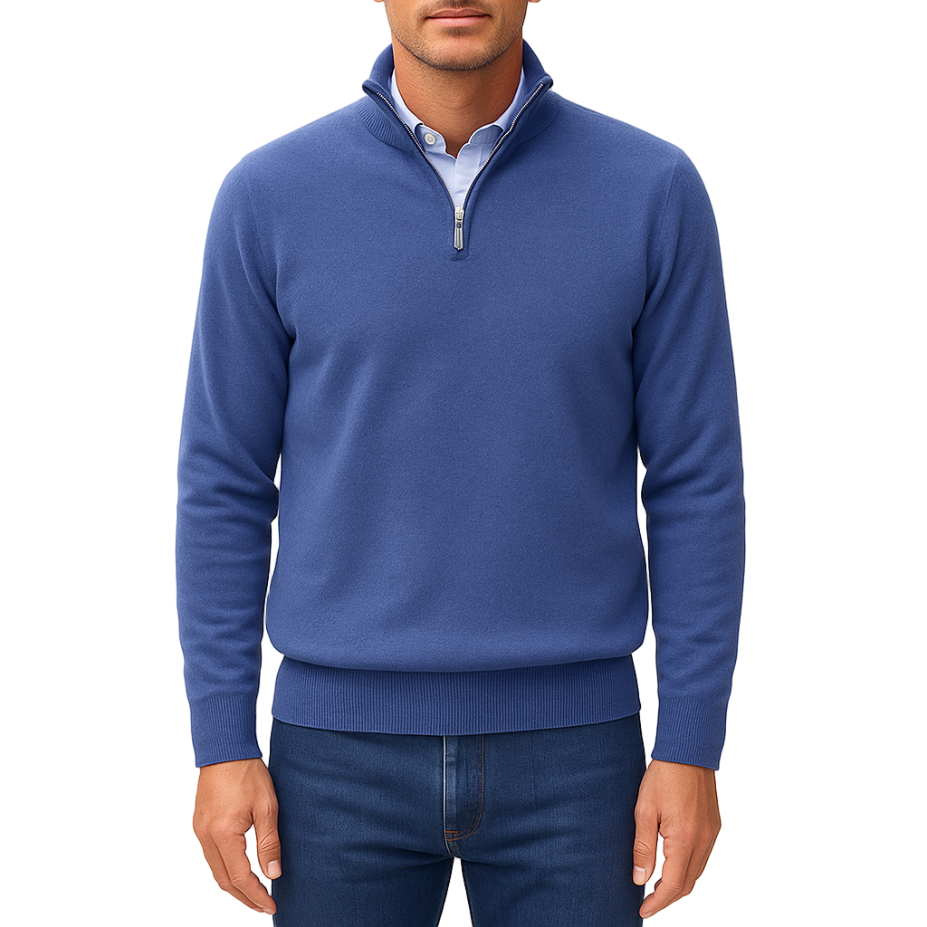 Herrtröja med zipkrage i elegant stickad stil. Mångsidig och bekväm för både fritid och jobb.
