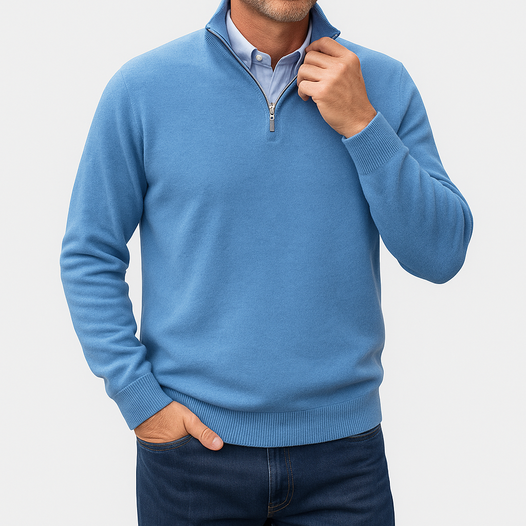 Herrtröja med elegant zip krage. Modern, stickad design som passar perfekt för jobbet.