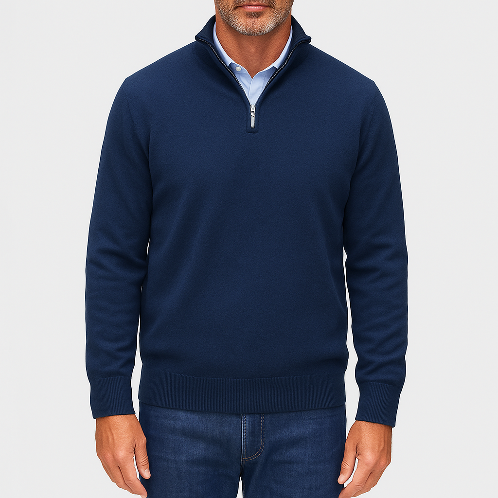 Bekväm herrtröja med dragkedjekrage. Stickad, i elegant stil, idealisk för daglig användning.