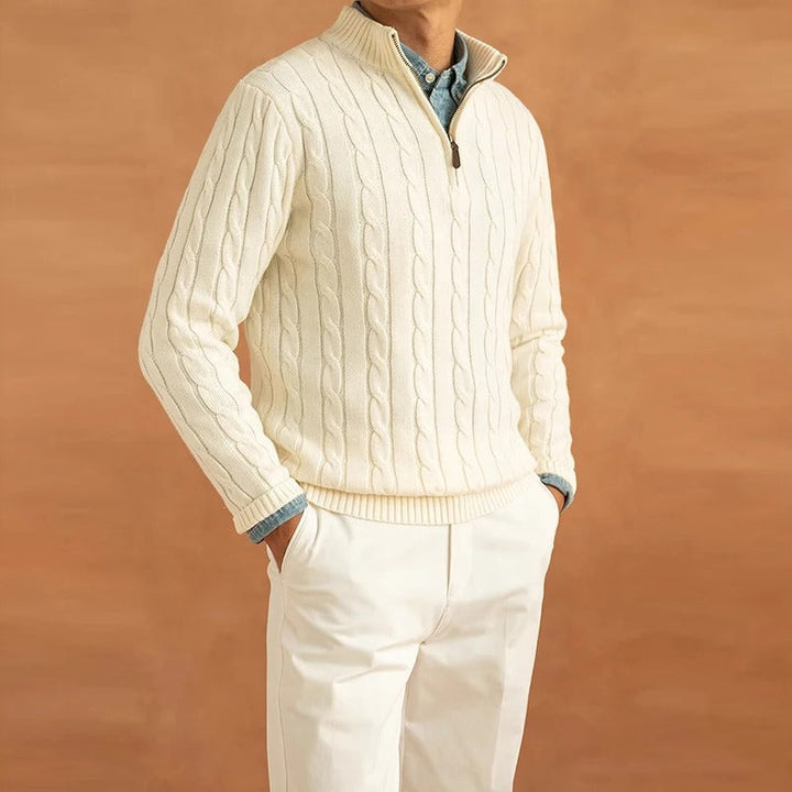 Stilren herrtröja, stickad pullover med jacquardmönster. Modern mockneck för herr.