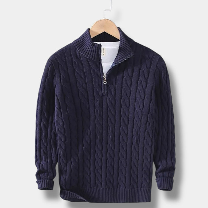 Stickad herrtröja, pullover med elegant jacquardmönster och bekväm mockneck.