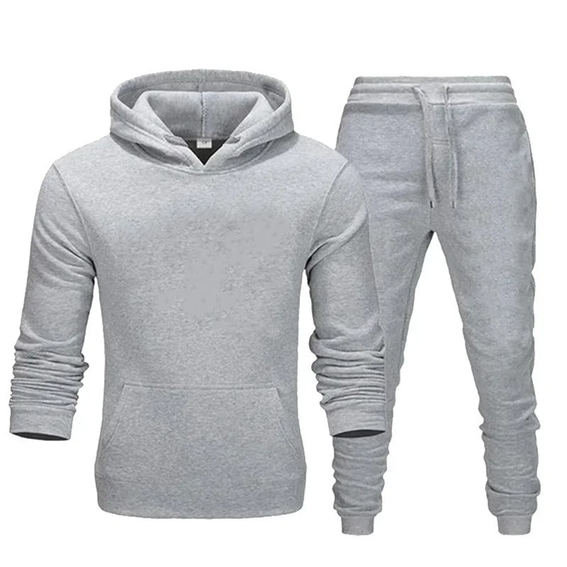 Komfortabelt träningsset för män: grå huvtröja & joggingbyxor, perfekt för casual sport.