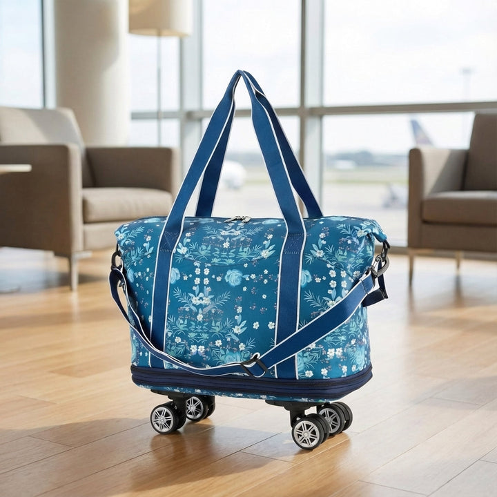 Hopfällbar duffelväska med hjul, utökbar resväska för flexibel packning och enkel transport av bagage.
