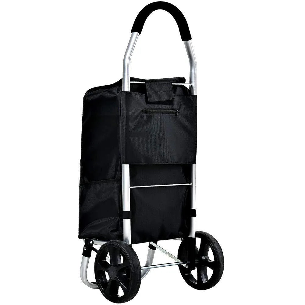 Robust transportvagn i aluminium med stora hjul, fylld med matvaror, visar praktisk och hållbar design för inköp.