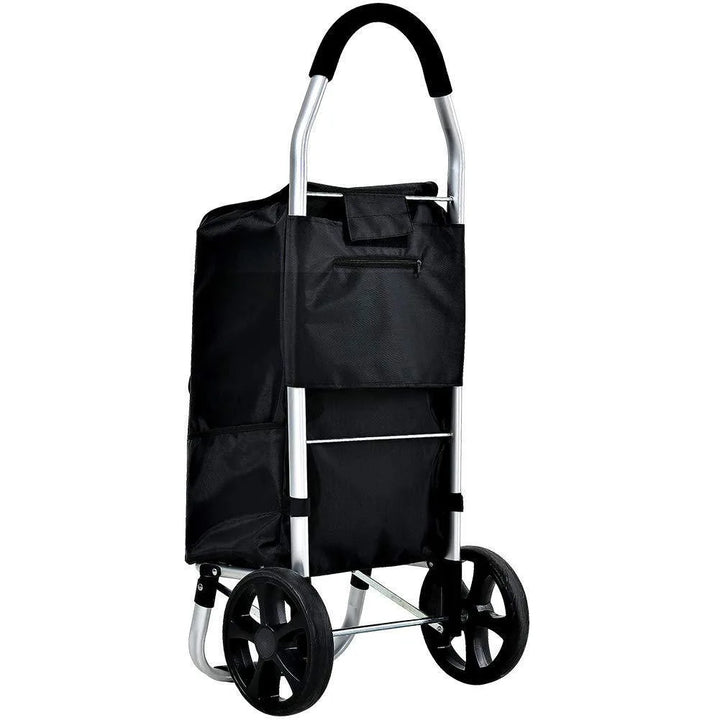 Robust transportvagn i aluminium med stora hjul, fylld med matvaror, visar praktisk och hållbar design för inköp.