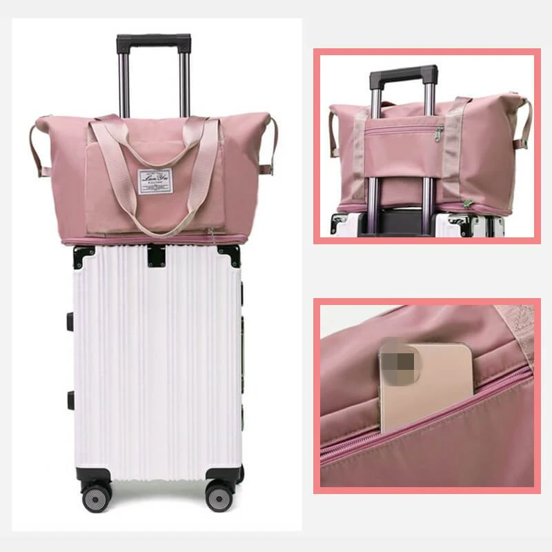 Resväska med dragkedja och handtag, visar funktionella detaljer på den hopfällbara designen.