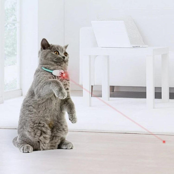Närbild på det interaktiva laser katthalsbandet i blått. Ett husdjurstillbehör för lek & stimulans.