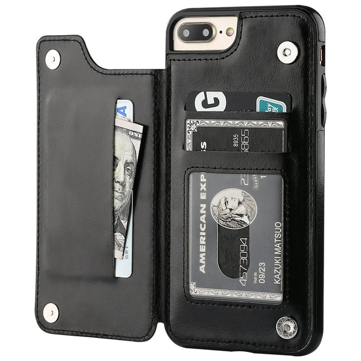 Elegant iPhone läderfodral med korthållare och stativfunktion för bekväm visning