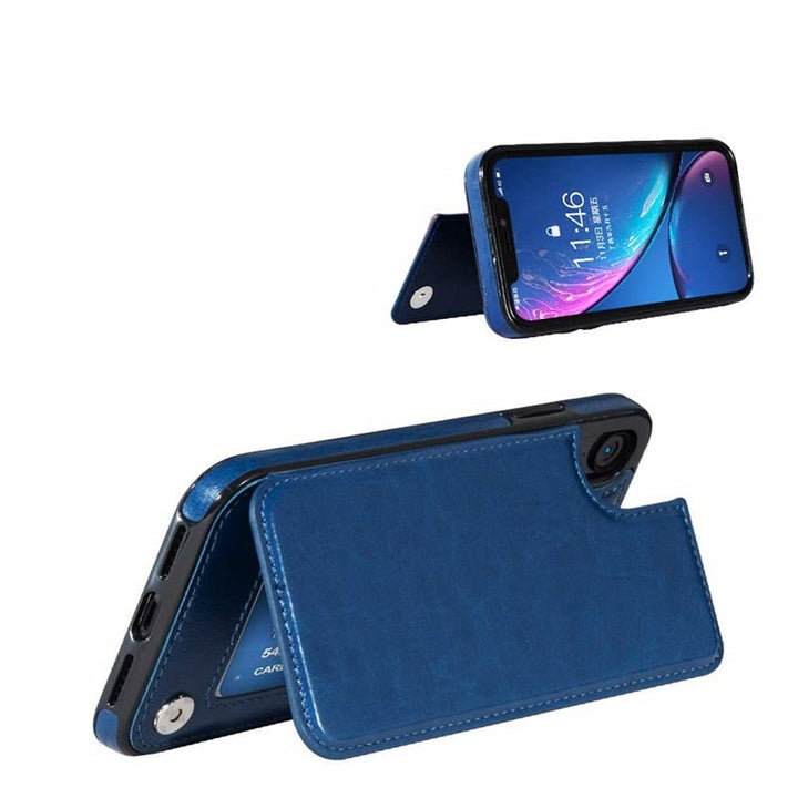 Snyggt svart iPhone plånboksfodral med magnetlås, perfekt för kort och telefon
