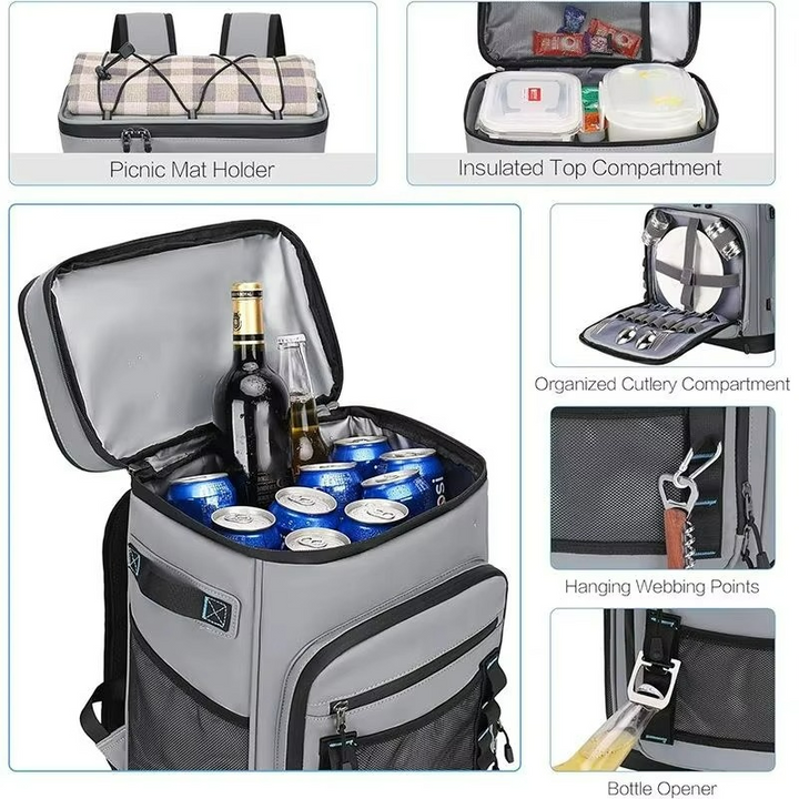 Modern unisex ryggsäck för picknick, med isolerad kylväska och robust design för resor.