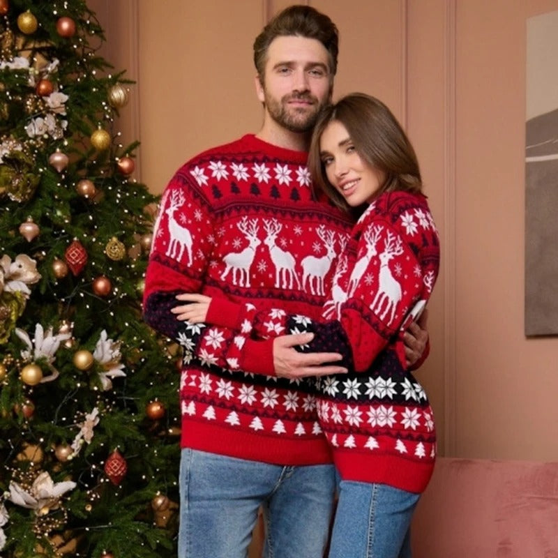 Jultröja för dam och herr i festlig röd med vintervita snöflingor, stickad polyester.
