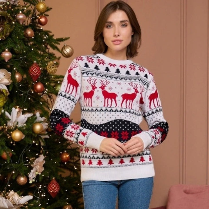 Jultröja med långa ärmar och rund halsringning, stickad för dam och herr i mjuk polyester.