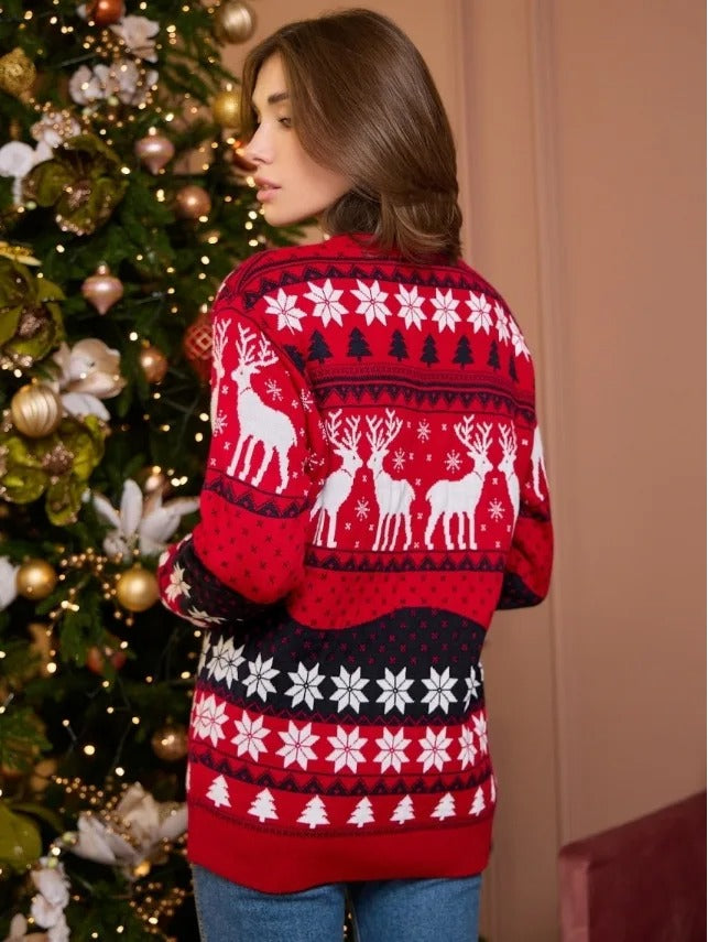 Jultröja i polyester med en glad juldesign, lämplig för både dam och herr, vardagsstil.