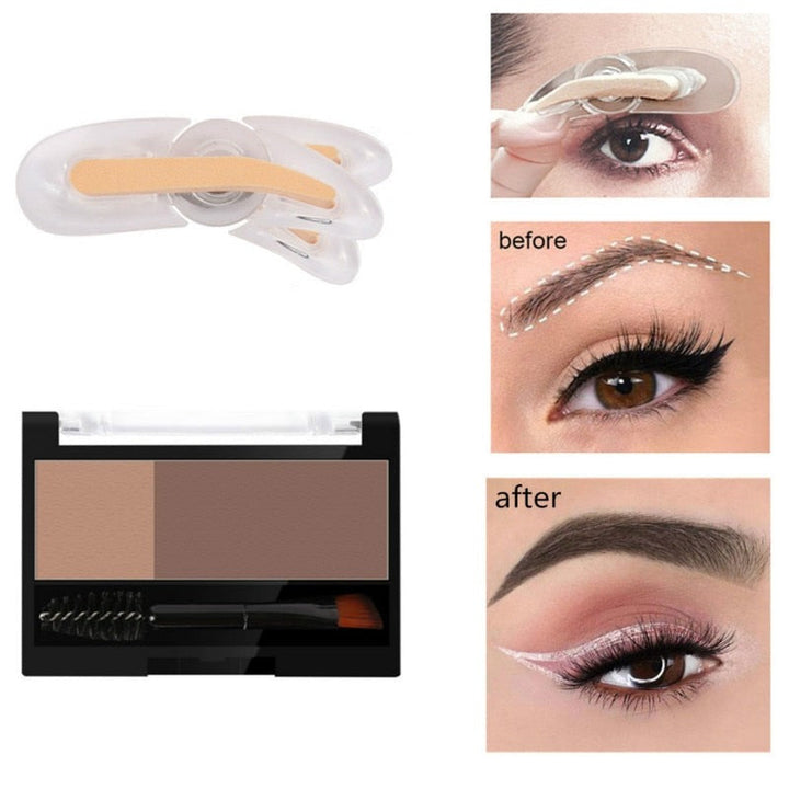 Förpackning med ögonbrynsstämpel och olika brynformar för anpassad makeup.