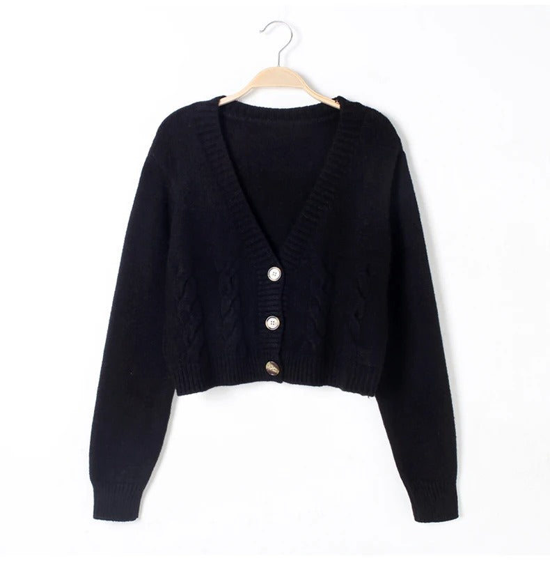 Kabelstickad damcardigan med V-ringning, elegant höstmode perfekt för lager på lager.