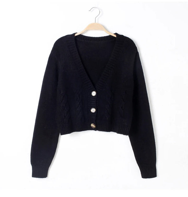 Kabelstickad damcardigan med V-ringning, elegant höstmode perfekt för lager på lager.